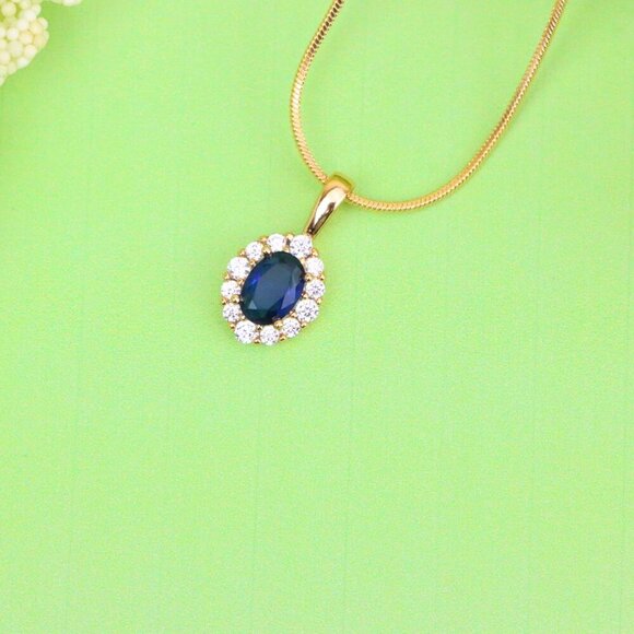 "Royal Blue Oval Pendant with Halo in Gold-Plated Brass Setting, XPPT1815 - Picture 10 of 13